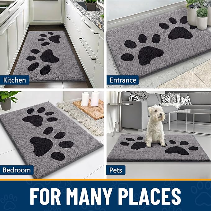 Smiry Dog Door Mat for Muddy Paws, Absorbs Moisture and Dirt, Low-Profile Entryway Mat with Non-Slip Backing, Entry Indoor Outdoor Doormat for Inside Floor (36x24 Inches, Grey, Paw)