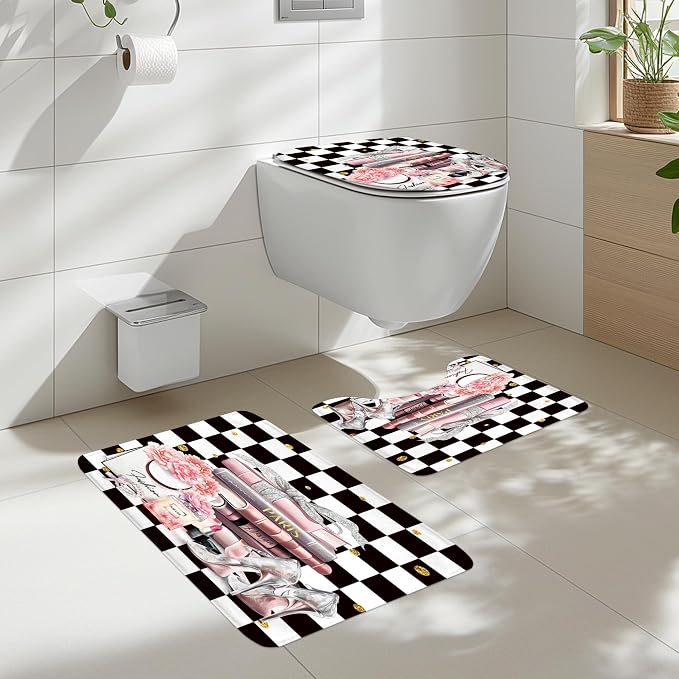 4Pcs Black white Checkered Plaid Shower Curtain Set, Pink Fashion Flower Perfume High Heels Books Bathroom Curtain with Rug, Toilet Lid Cover, Bath Mat, Women Girl Shower Curtain with 12 Hooks