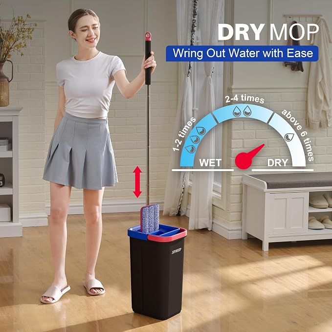 JOYMOOP Flat Mop System, Microfiber Mop and Bucket Set, Black, Floor & Wall Cleaning Mop for Home & Commercial Use, 60" Long Handle, Includes 5 Washable Pads