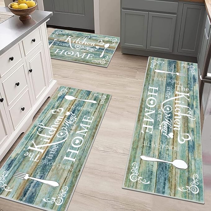 Vaukki Boho Kitchen Rug Sets 3 Pieces, Washable Kitchen Mats for Floor, Non Slip Soft Kitchen Area Rug Floor Mat for Kitchen, Laundry Room and Hallway (Teal and Brown, 20''x32''+20''x47''+20''x59'')