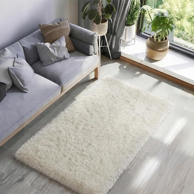 Ophanie Runner Rug for Hallway, 3x6 Washable Non-Slip Fluffy Soft Bedside Rugs, Bedroom Living Room Shaggy Carpet for Kids Girls Boys Dorm Nursery Home Decor Aesthetic, Ivory