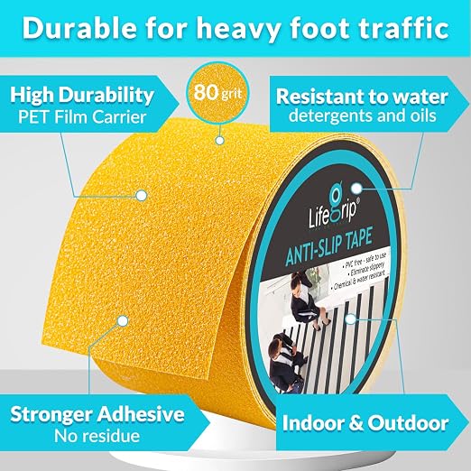 LifeGrip Anti Slip Traction Tape, 4 Inch x 38 Foot - Best Grip, Friction, Abrasive Adhesive for Stairs, Tread Step, Indoor, Outdoor, Yellow (4" X 38')
