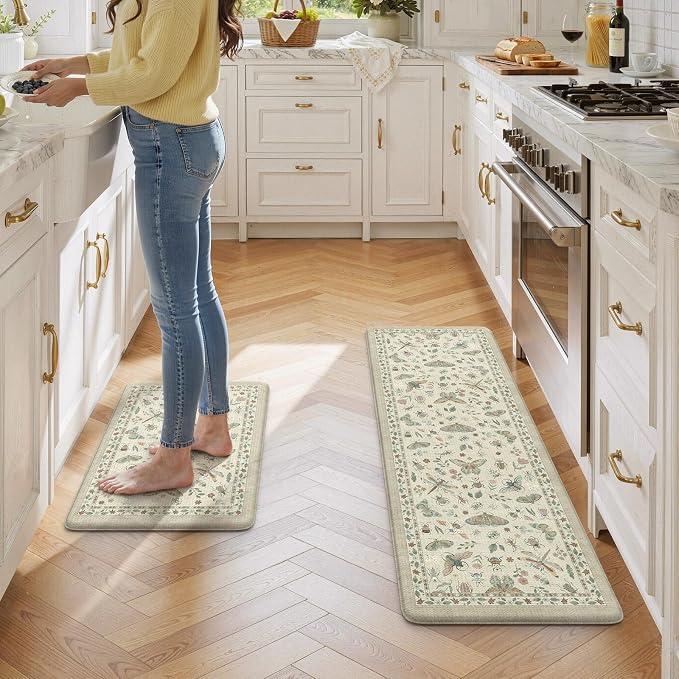 LEEVAN Anti Fatigue Mats for Kitchen Floor Non-Slip, Cushioned Kitchen Mats for Floor 17.3''x29''+17.3''x59'', Tan Memory Foam Kitchen Mat Set