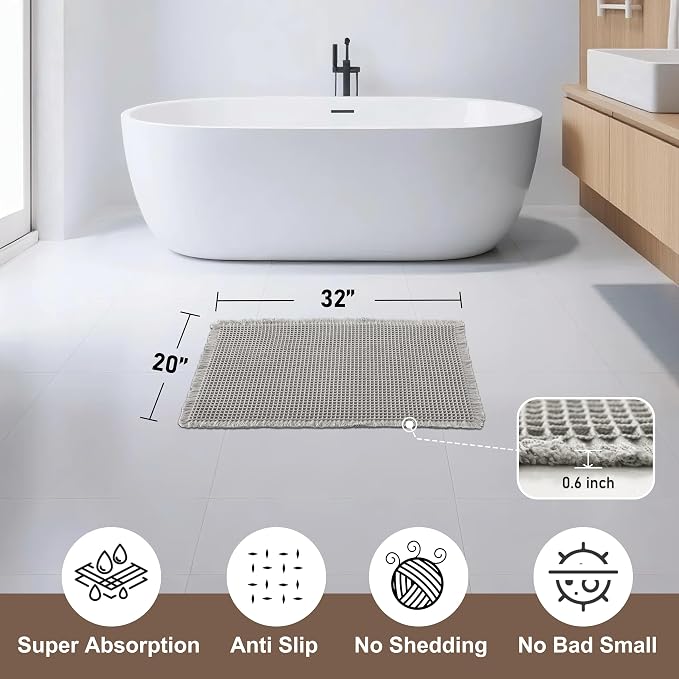 JIUZHEN Waffle Bath Mat Super Absorbent Bath Rugs Non Slip Bathroom Mats for Beside Tub Machine Washable Fast Drying Waffle Rugs for Bathroom Floor, 20" x 32", Grey
