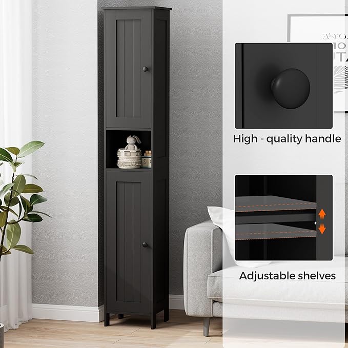 Homleke Tall Bathroom Storage Cabinet with 2 Doors, 67"H Narrow Storage Cabinet with Adjustable Shelves& Anti-Tip Design, Reversible Door Installation, Easy Assembly, 11.8 x 11.8 x 66.9 Inches, Black