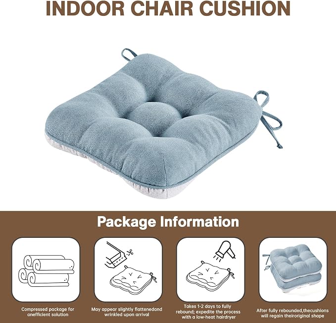 BETU Chair Cushions for Dining Chairs Set of 4,3.5" Thick Kitchen Table Chair Pads with Ties,Non Slip Backing and Covers, Seat Cushion for Dining Room,Bar,Patio Chairs,15.5"X15.5"X3.5",Smoky Blue
