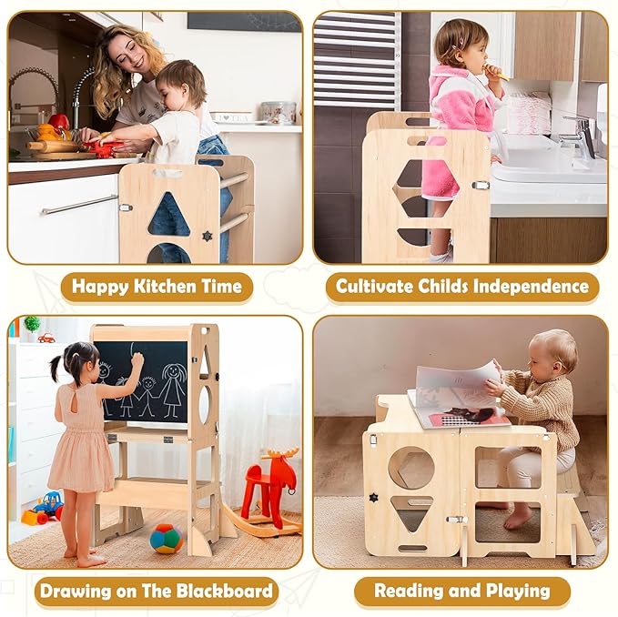 Woodure 4-in-1 Toddler Kitchen Step Stool, Foldable Learning Standing Tower with Blackboard, Wooden Kitchen Stool Helper for Kids, 1-3 Year Old Boy Girl Gifts