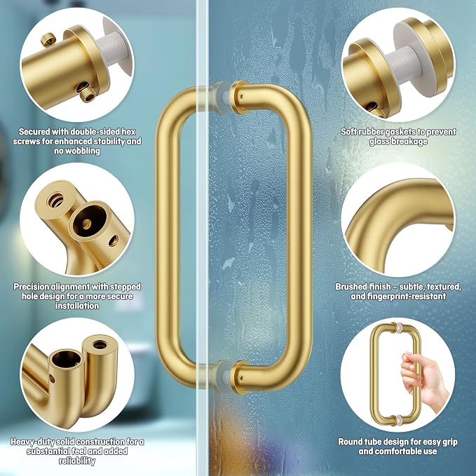 Ranbo Gold Plated 8" CTC Tubular Back-to-Back Shower Door Handle,Heavy-Duty 1.0mm Thick 304 Stainless Steel,for 1/4"- 1/2" Thick Glass and 1-3/8" - 2-1/6" Thick Wooden or Metal Doors，Brass Gold 8" CTC