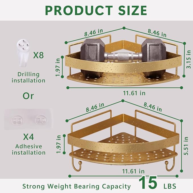 Corner Shower Shelves - 2 Tier No Drilling Shower Caddy Adhesive, Stainless Steel Shower Organizer with 4 Hooks, Wall Mounted Shower Rack for Inside Shower Corner Shelf, Gold Floating Shelves