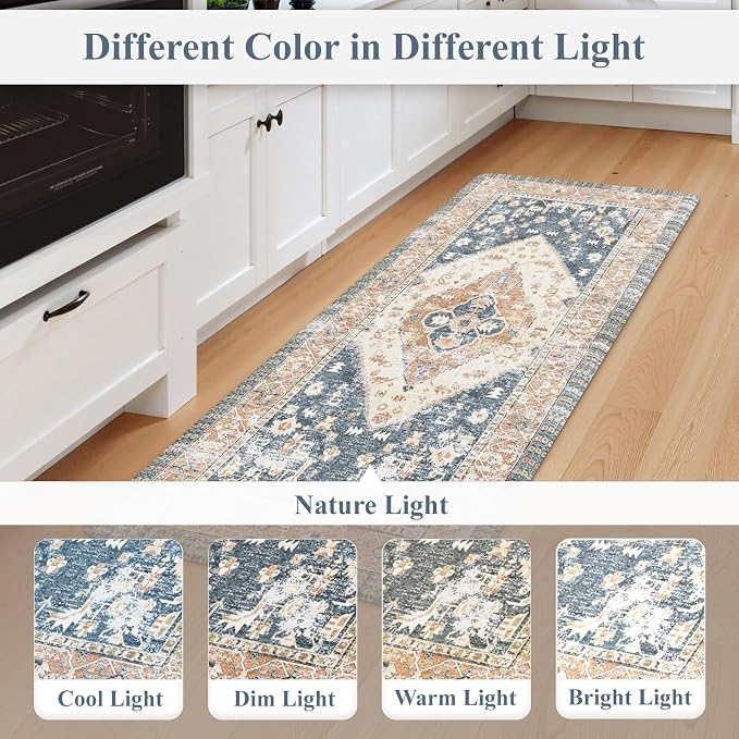 KIMODE Kitchen Rugs and Mats 2PCS Cushioned Anti Fatigue Kitchen Mat Non Slip Paded Kitchen Runner Rug Boho Vintage Mats Blue Gold Rugs for Kitchen Floor, Home Decor, Office, Laundry, Desk, Bathroom