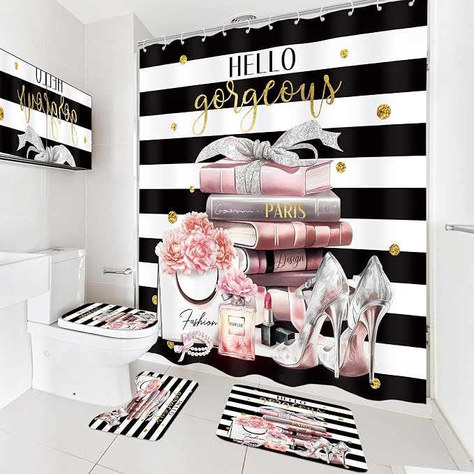 4Pcs Pink Black Girls Bathroom Sets with Shower Curtain and Rugs, Fashion Flower Perfume Toilet Lid Cover, Bath Mat, Women Girly White Striped High Heels Books Shower Curtain with 12 Hooks