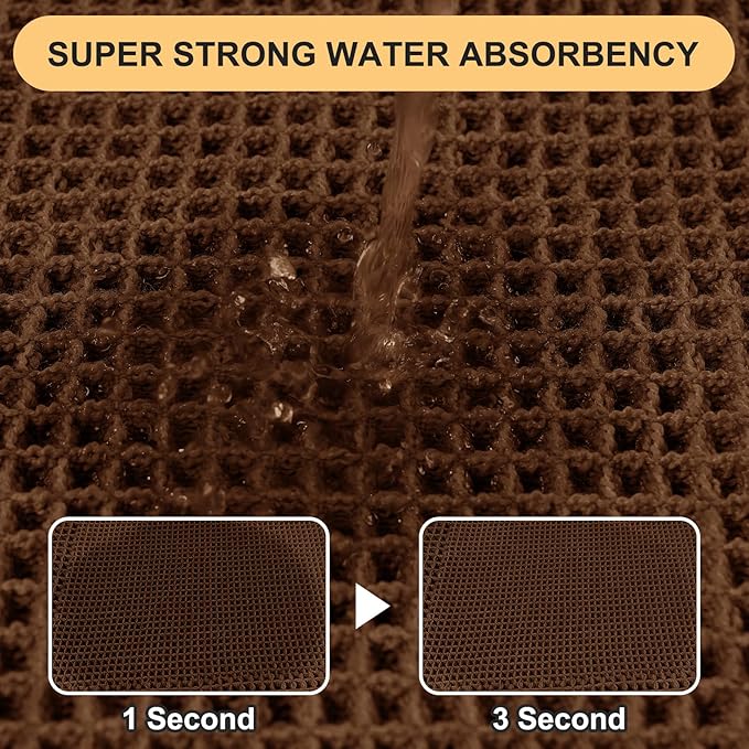 Waffle Bath Mat Set 2 Piece, Boho Woven Modern Bath Rug Absorbent Non Slip, Ultra Soft Bathroom Mats, Machine Washable Knit Bath Rugs with Herringbones for Bathroom, Bedroom, Kitchen, Shower, Brown