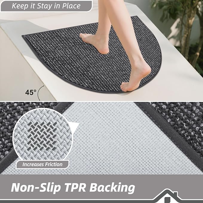 BEQHAUSE Dirt Trapper Door Mat 17" x 30" Half Circle Non-Slip Washable Doormats Entrance Rugs Absorbent Welcome Low Profile Floor Mats for Front Back Door and Entryway, Charcoal
