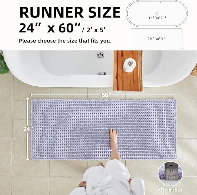 TYUU Waffle Runner Rug Bathroom, Boho Bathroom Rugs Non Slip Washable Long Super Absorbent Quick Dry Cute Bath Mat Farmhouse Bath Mat, 60''x24'' Lavender Cream