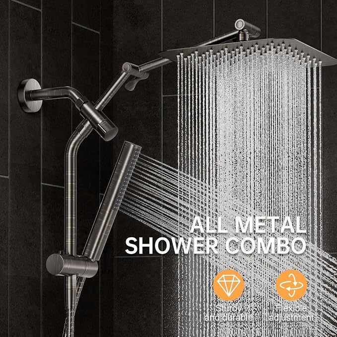 Veken All Metal 10" Oil Rubbed Bronze Shower Head with Handheld, Luxurious Square Double Rain Shower Heads with Power-wash Hand Held, Dual High Pressure Detachable Rainfall Showerhead,Bathroom Upgrade