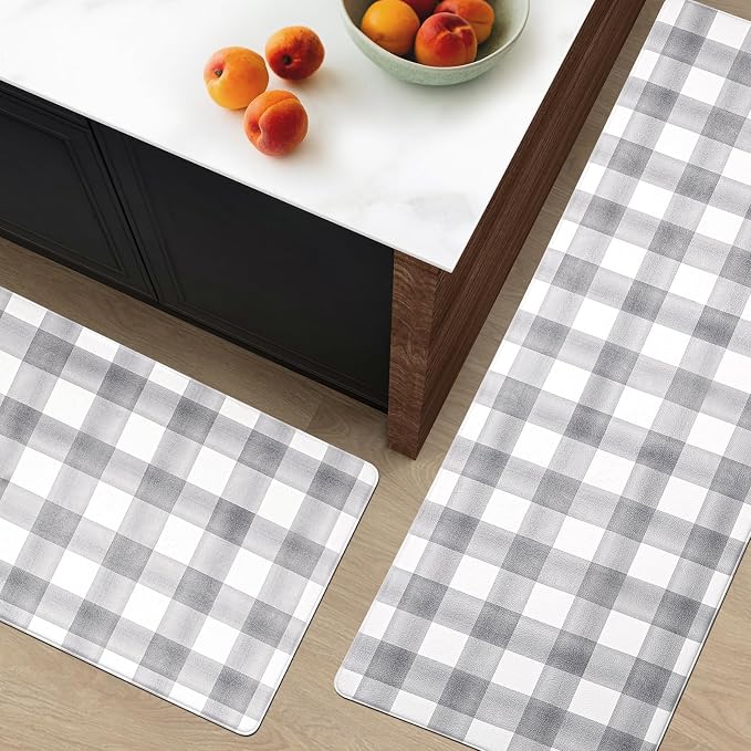 FRESHMINT Modern Farmhouse Plaid 2 Piece Set Kitchen Mats for Floor Anti Fatigue Waterproof & Non-Skid Kitchen Rugs Cushioned Kitchen Mat for Standing Washable Comfort Desk Kitchen Runners