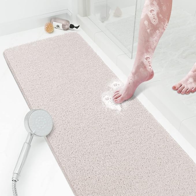 Shower Mat Bathtub Mat Non-Slip,47x16 inch, Soft Tub Mat with Drain,PVC Loofah Bath Mat (Phthalate Free) for Tub and Bathroom,Quick Drying,White