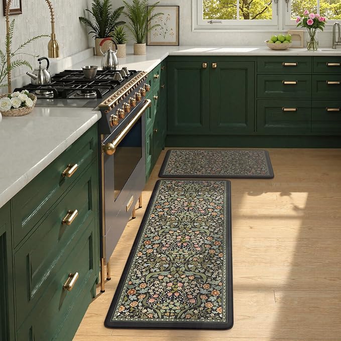 Collive Kitchen Floor Mat Cushioned Anti Fatigue, Boho Floral Desk Mats Non Skid Waterproof Kitchen Sink Rugs Sets of 2, Memory Foam Comfort Standing Carpet for Office, 20" x 47" + 20" x 32", Black