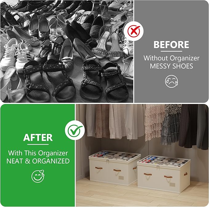 Shoe Organizer for Closet, 2 Pack Shoe Storage Bins Foldable Shoe Storage Box Containers with Clear Cover and Sturdy Handles, Shoe Rack for Closet Storage for Sneakers Heels Slippers, Fit 12-24 Pairs