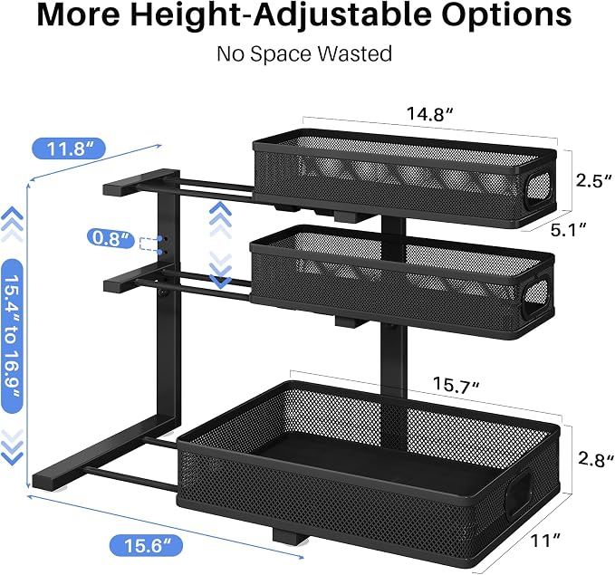 Under Sink Organizer, 1-Pack 3-Tier Thickened Metal Pull out Cabinet Organizer Shelf, Height Adjustable Slide out Storage Drawer Rack for Kitchen Bathroom Pantry Laundry Home Office Organization