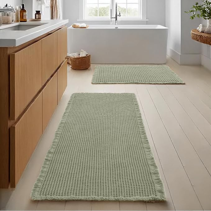 JIUZHEN Set of 2 Waffle Bath Mats Non Slip Waffle Bathroom Runner Rug Washable Boho Runner Bath Rugs Super Absorbent Shower Mat for Bathroom Kitchen Hallway Laundry, 16" x 24" +24" x 60", Sage Green