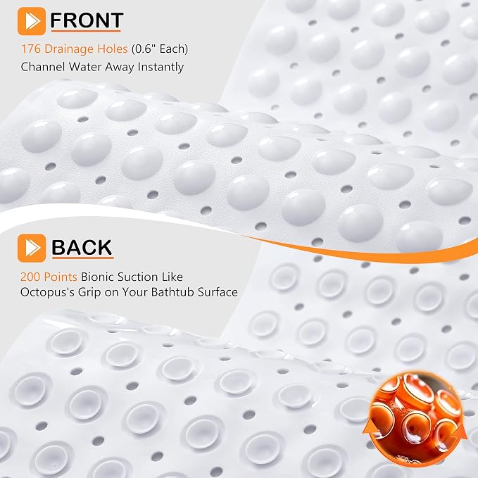Yimobra Non Slip Bathtub Mat 40 x 16 Inch, Extra Long Shower Mat with Drain Holes, Machine Washable Baby Bath Mats, Strong Suction Cups for Bathroom Floor, White