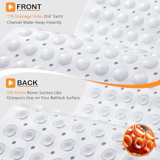 Yimobra 2-Pack Non Slip Bathtub Mat 40 x 16 Inch, Extra Long Shower Mat with Drain Holes, Machine Washable Baby Bath Mats, Strong Suction Cups for Bathroom Floor, White