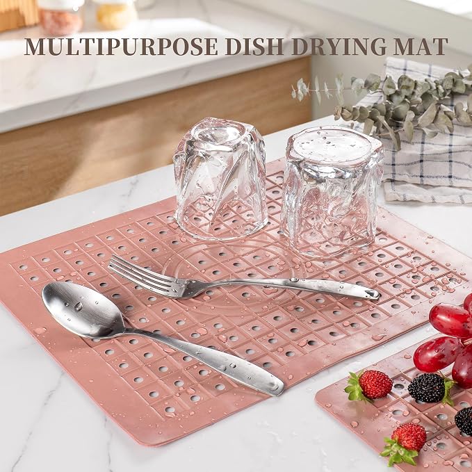 WILLKOMMEN Kitchen Sink Mat, 12" x 10" Rectangular Sink Protector Pad, Fast-Draining Grid Design Liner, Dish Drying Mat , 2 Pack Pink