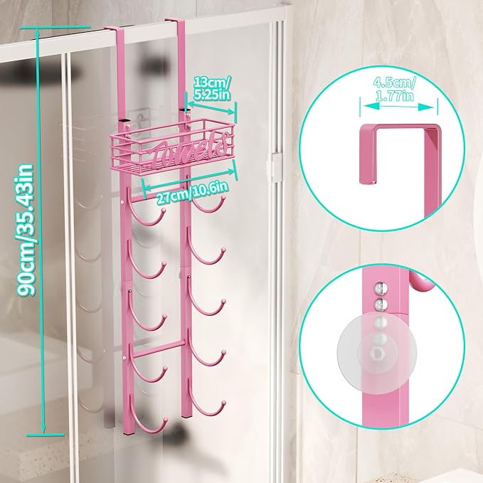 HapiRm Towel Racks for Bathroom Storage - 6 Tier Over The Door & Wall Mount Rolled Towel Storage Organizer Holder with Metal Shelf Basket for Small Bathroom, Camper, Rv - Pink, Patented