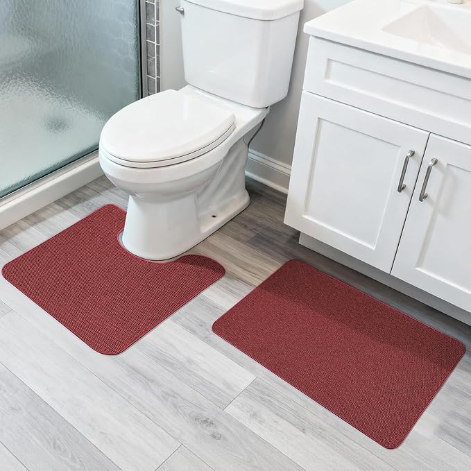 Bath Mat,Ultra Thin Bathroom Rugs,Rubber Bath Mats for Bathroom,No Slip Bath Rugs,Quick Dry,Machine Washable,Low Pile,Absorbent,Shower Outside,Sink,Home Decor Accessories.Red,1'5"x2'3"+1'8"x2" U Shape