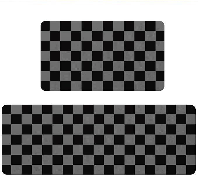 Black Grey Checkered Grid Checkerboard Kitchen Rug Sets [2 PCs], Anti-Fatigue, Waterproof Non-Slip Kitchen Mats Heavy Duty Comfort Foam Rug for Kitchen, Floor, Laundry,17"x29"+17"x47"