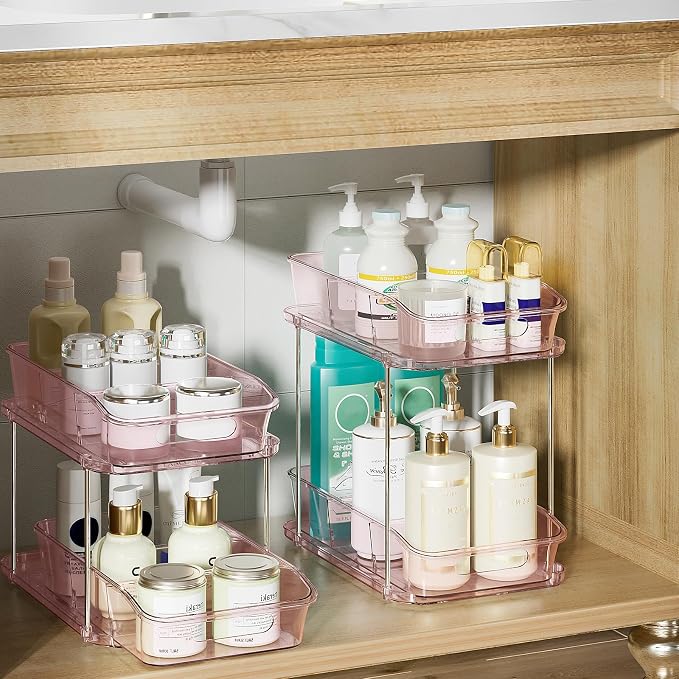 Delamu 2-Tier Under Sink Organizers and Storage, Multi-Purpose Stackable Bathroom Cabinet organizers, Pull Out Kitchen Pantry Organization and Storage with Dividers(2 Pack, Pink)