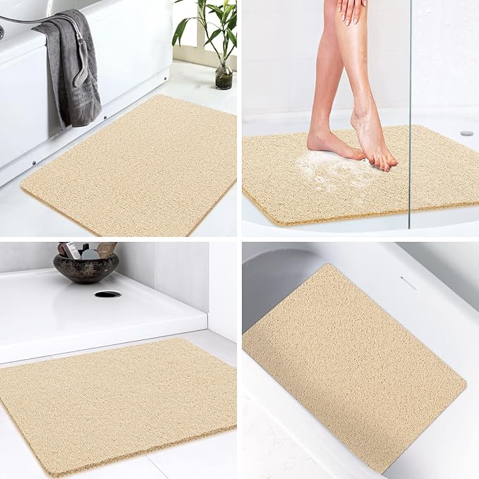 LuxStep Shower Mat Bathtub Mat,32x16 inch, Non-Slip Bath Mat with Drain, Quick Drying PVC Loofah Bathmat for Tub,Shower,Bathroom,Khaki