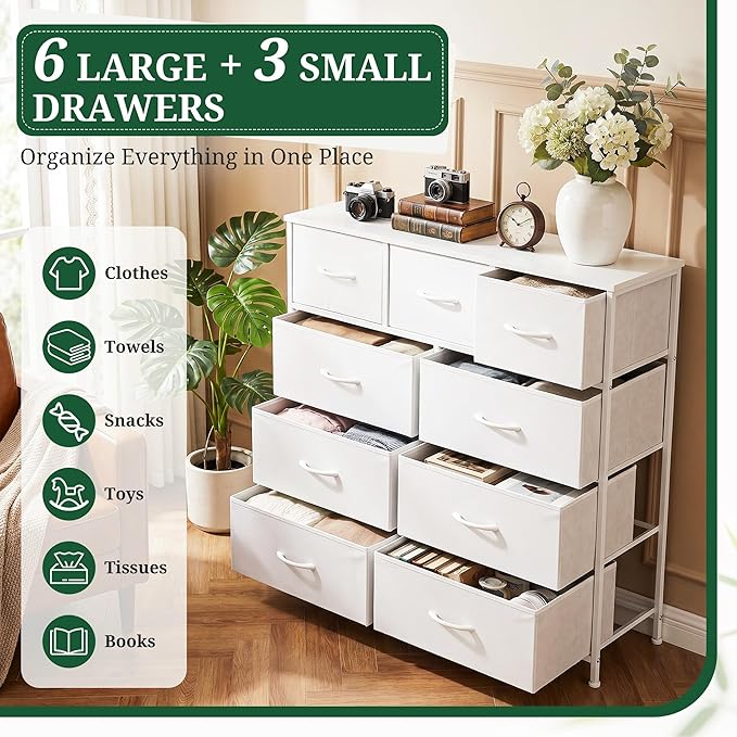 9-Drawer Dresser for Bedroom, Anti-Tip Tall Storage Organizer Chest of Drawers with Wooden Top and Metal Frame Fabric Bins for Closet, Living Room, Hallway, Entryway, Ivory White