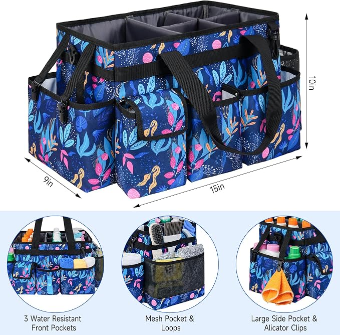 Cleaning Organizer, Large Caddy Bag for Supplies, Housekeeper's Bag with Handle (Blue Leaf)