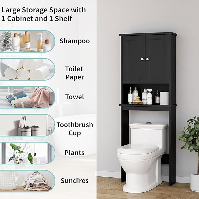 Shintenchi Over the Toilet Storage Cabinet, Bathroom Shelf Organizer with Anti-Tip Device Small Freestanding Space Saver with Adjustable Shelf，Black