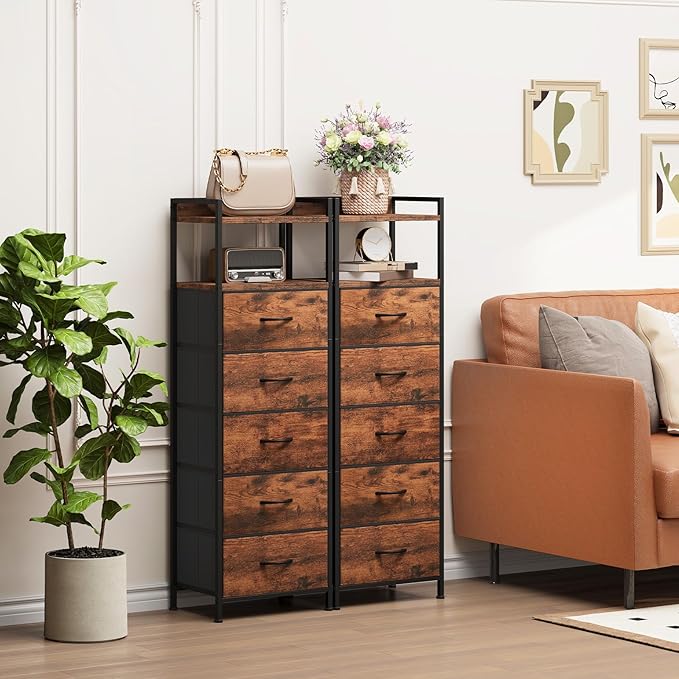 Somdot Tall Nightstand for Bedroom, Tall 5 Drawers Dresser, Vertical Storage Tower Unit, Nightstand Furniture with Fabric Drawer Organizer in Bedside Kids Room, Laundry Entryway, Wood Grain Print