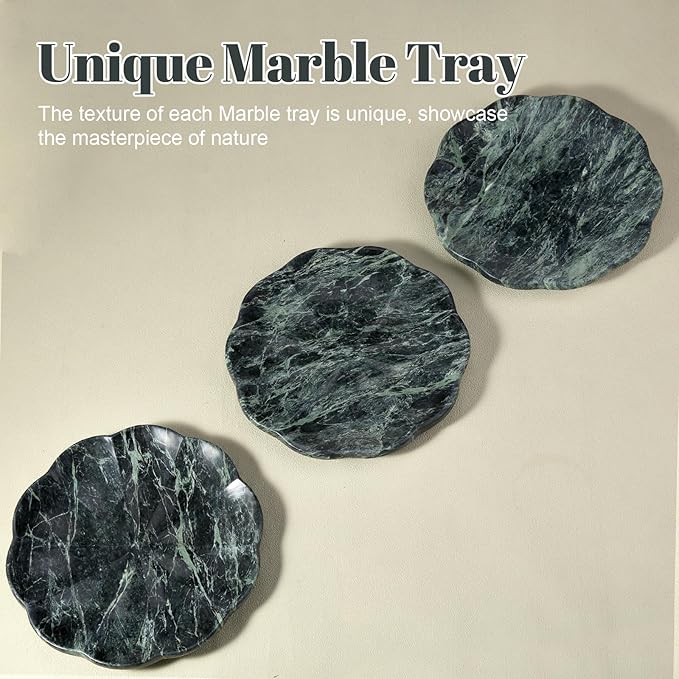 Koville Marble Tray, 8" Round Marble Vanity Tray for Jewelry Trinket Perfume, Natural Stone Tray for Bathroom Kitchen Dresser Countertop, Scalloped Decorative Tray for Home Table Decor(Green)