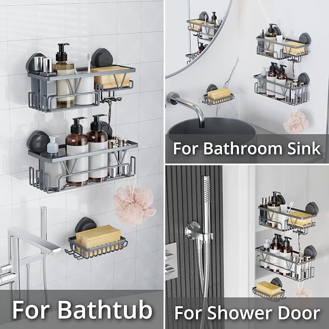 KEGII Suction Cup Shower Caddy – 3 Pack Suction Cup Shelf with Soap Holder & Hooks, Rustproof Stainless Steel Shower Organizer, Removable No Drilling Bathroom Storage Rack, Dark Gray