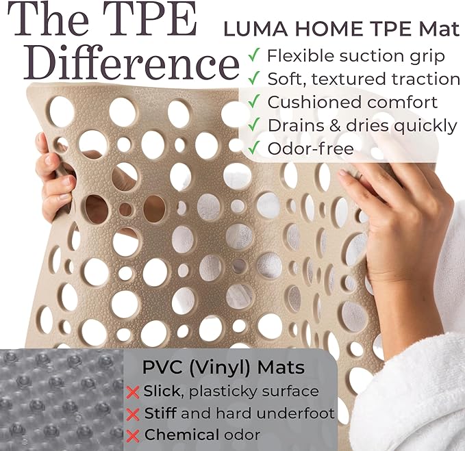 Beige Non Slip Shower Mat and Bathtub Mat TPE Strong Suction Cups Aesthetic Bath Mat for Inside Shower with Soft Texture, Quick-Dry Drain Holes, Spa-Inspired Design 30x17” (75x43 cm)