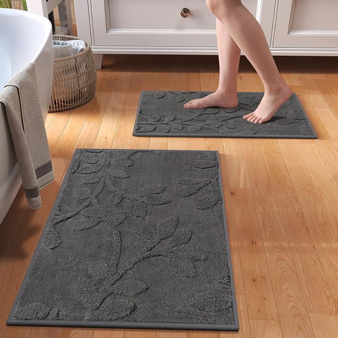 Bathroom Rugs Mat 16x24-2pc Quick Dry Absorbent Non Slip Bath Mat Bath Mats for Bathtub Mat Bathroom Carpet Fit Under Door Washable Floor Bath Rugs Grey