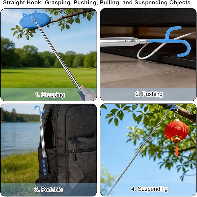 Telescoping Pickup Tool Magnetic Pole with 2 Hooks & Magnet, 300cm/10ft Extendable Push Pull Rod Grabber Wire Reacher Disc Golf Retriever for Hard-to-Reach Areas