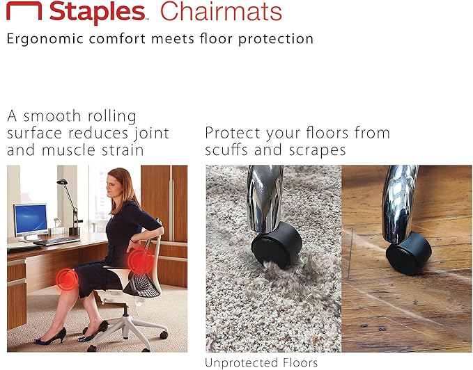 Staples Office Chair Mat, Clear Floor Mats with Lip, Low-Pile Carpets, Extended Under-Desk Coverage, 53 x 45 Inch, Smooth Glide