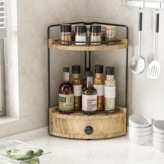 2-Tier Corner Bathroom Counter Organizer with Drawer & Embedded Screw Holes - Wooden Countertop Organizers for Skincare, Makeup Storage, Bathroom Sink Counter Shelf for Vanity, Kitchen, Wood color