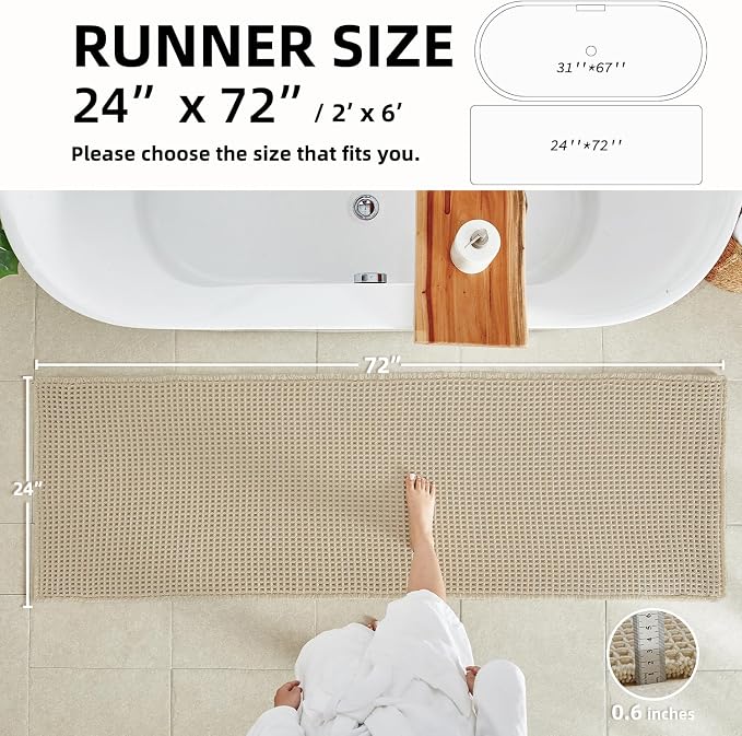 TYUU Pale Beige Long Bathroom Rug, Waffle Runner Rug Bathroom Non Slip Washable Super Absorbent Quick Dry Boho Farmhouse Bath Mat, 72''x24'' Pale Beige
