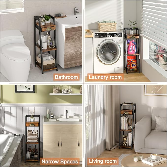 keomaisyto 3-Tier Narrow Bathroom Shelves with Drawer, Bathroom Organizers and Storage, Open Floor Ladder Shelf, Freestanding Tower Slim Standing Unit for Small Spaces - Rustic Brown