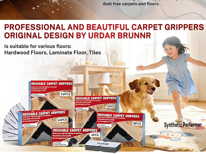 Rug Non Slip Grippers, Reusable Rug Tape, No Damaging for Hardwood Floors, Carpet Grippers Stickers Pads for Area Rugs Corners Flat, 12Pcs