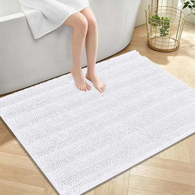OLANLY Thick Large Bathroom Rugs 40x32, Extra Soft Absorbent Chenille Striped Bath Rugs, Rubber Backing, Machine Wash Dry, Bath Mats for Bathroom Floor, Tub and Shower, Home Decor Accessories, White