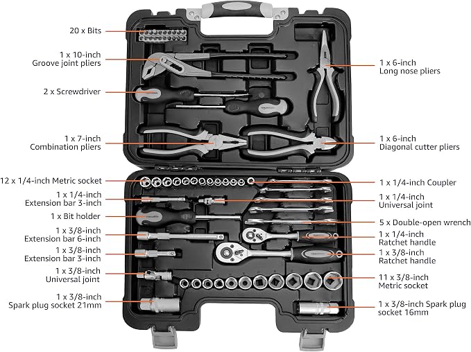 Amazon Basics 65-Piece General Household Home Repair and Mechanic's Hand Tool Kit Set with Storage Case, Portable, Non-Slip Handles, Black