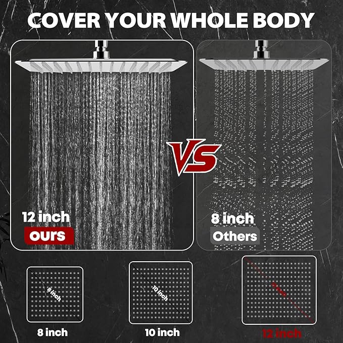 Shower Head,12”Rain Shower Head with Handheld Spray Combo and Adjustable Extension Arm/Shower System,High Pressure Rain Fall Hose,Chrome